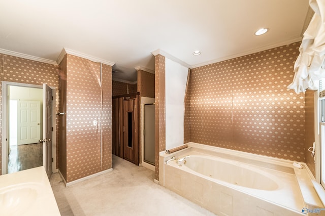 bathroom with crown molding, shower with separate bathtub, and vanity