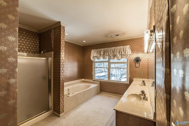 bathroom with vanity, ornamental molding, and shower with separate bathtub