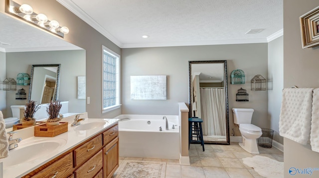 full bathroom with ornamental molding, toilet, and a sink