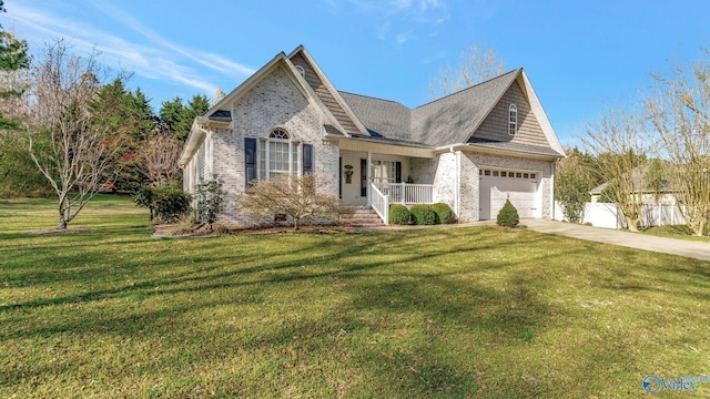 view of front of home featuring driveway, a porch, a front lawn, a garage, and brick siding