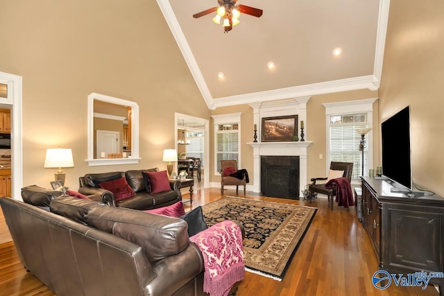 living room featuring ceiling fan, ornamental molding, high vaulted ceiling, and dark hardwood / wood-style flooring