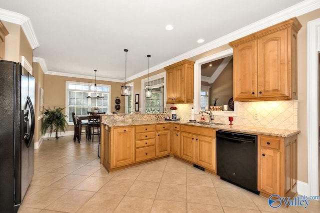 kitchen with sink, backsplash, pendant lighting, black appliances, and kitchen peninsula