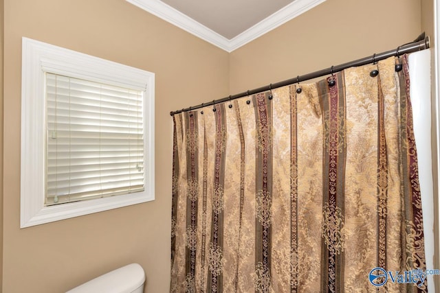 bathroom featuring ornamental molding and toilet