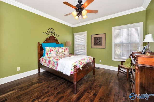 bedroom featuring ceiling fan, crown molding, and dark hardwood / wood-style flooring