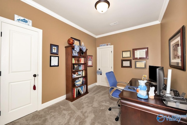 office featuring light carpet and crown molding