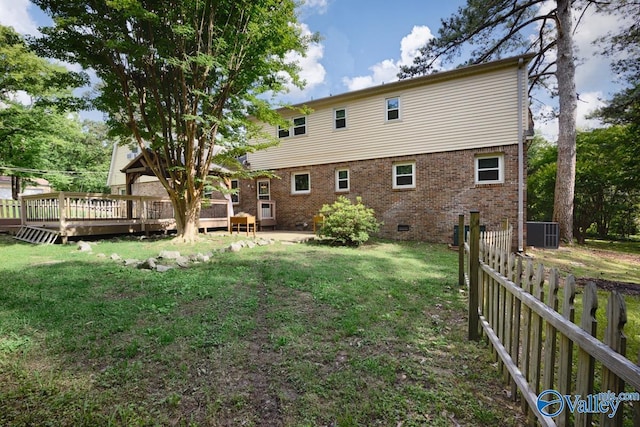 2614 Vista Dr SE, Huntsville, AL 35803 - back of property with a wooden deck, central air condition unit, brick siding, and crawl space