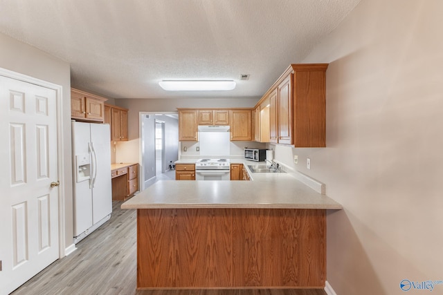 kitchen with white appliances, a peninsula, range hood, light countertops, and a sink