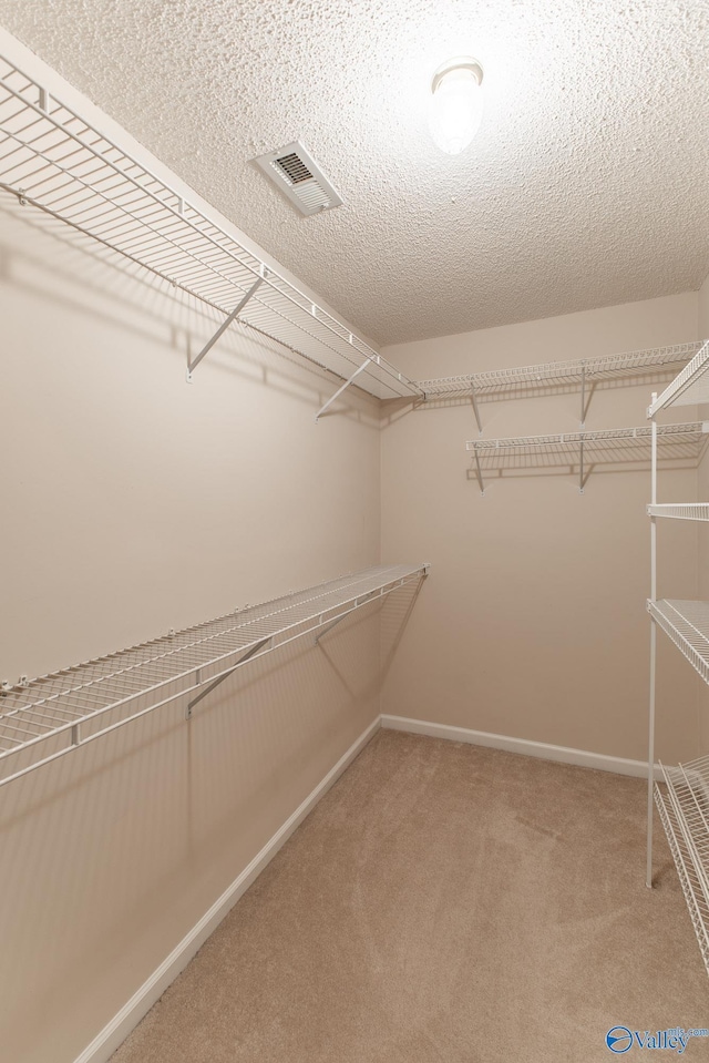 walk in closet featuring light colored carpet and visible vents