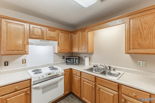 kitchen featuring electric range, stainless steel microwave, light countertops, under cabinet range hood, and a sink