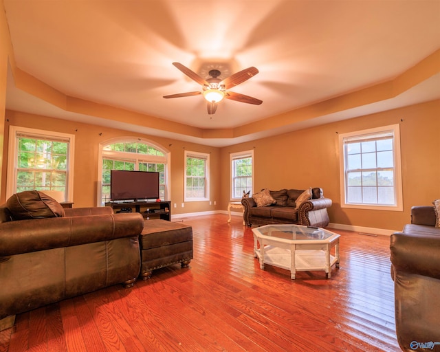 living room featuring a tray ceiling, ceiling fan, and hardwood / wood-style flooring