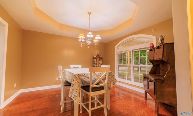 dining space with a notable chandelier, a raised ceiling, and hardwood / wood-style flooring