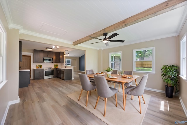 12034 Runningmeade Trl SE, Huntsville, AL 35803 - dining space featuring light wood-style floors, baseboards, beam ceiling, attic access, and a ceiling fan