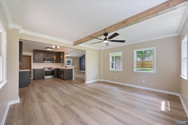 12034 Runningmeade Trl SE, Huntsville, AL 35803 - unfurnished living room with attic access, light wood-type flooring, baseboards, beam ceiling, and a ceiling fan