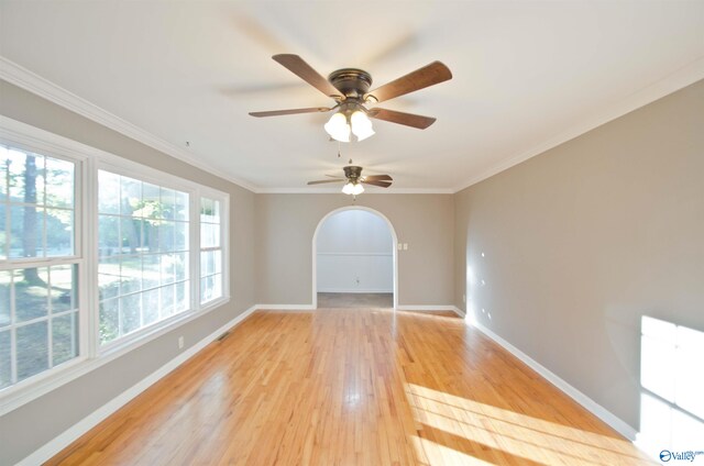 spare room featuring ceiling fan, ornamental molding, and light wood-type flooring