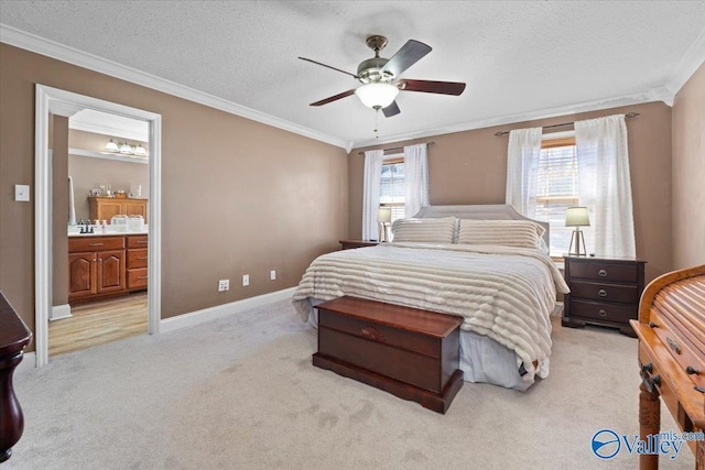 bedroom with a textured ceiling, light carpet, a ceiling fan, baseboards, and ornamental molding