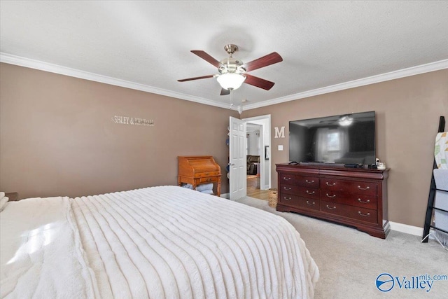 bedroom featuring light carpet, ceiling fan, ornamental molding, and baseboards