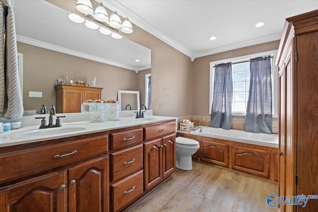 full bath featuring ornamental molding, double vanity, wood finished floors, and a sink