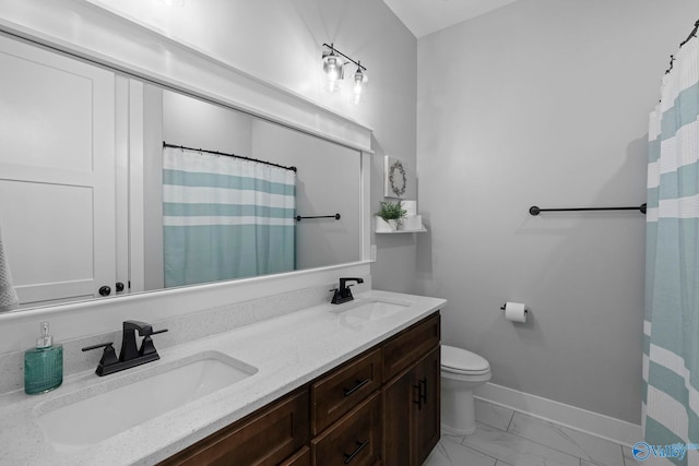 6320 Loring Loop NW, Huntsville, AL 35806 - bathroom featuring double vanity, marble finish flooring, and a shower with shower curtain