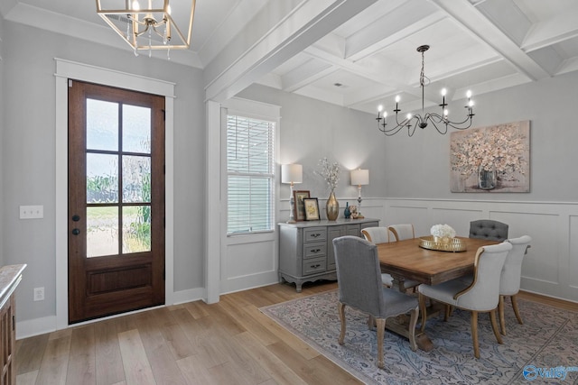 6320 Loring Loop NW, Huntsville, AL 35806 - dining area with a chandelier, coffered ceiling, light wood finished floors, plenty of natural light, and beamed ceiling