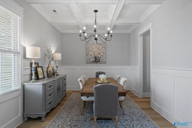 6320 Loring Loop NW, Huntsville, AL 35806 - dining space featuring coffered ceiling, healthy amount of natural light, a chandelier, light wood-style flooring, and beam ceiling