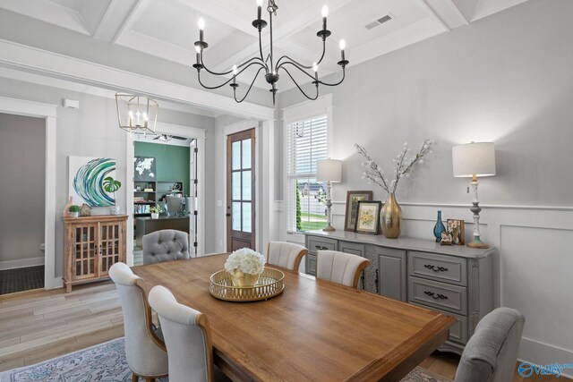 6320 Loring Loop NW, Huntsville, AL 35806 - dining room with a chandelier, coffered ceiling, light wood-type flooring, and beamed ceiling