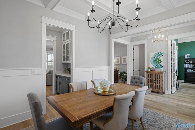 6320 Loring Loop NW, Huntsville, AL 35806 - dining room featuring a chandelier, coffered ceiling, light wood finished floors, beam ceiling, and wainscoting
