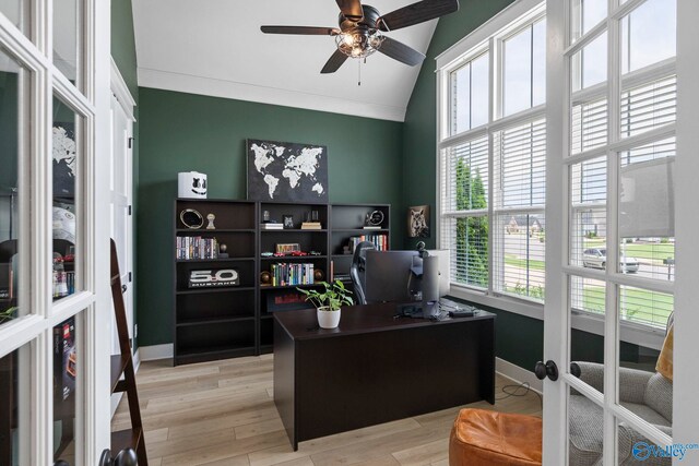 6320 Loring Loop NW, Huntsville, AL 35806 - office area with vaulted ceiling, healthy amount of natural light, ceiling fan, and light wood-style flooring