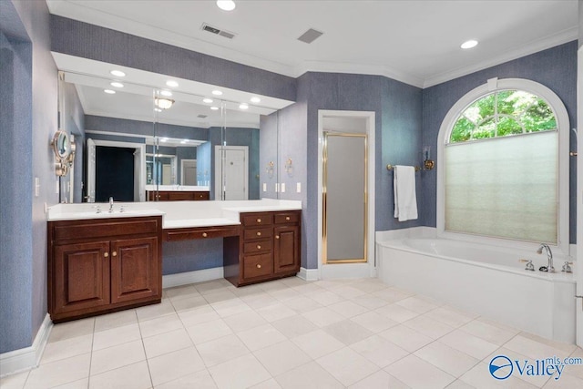 bathroom featuring vanity, crown molding, tile patterned floors, and separate shower and tub