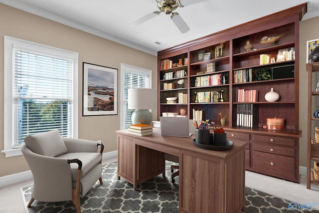 carpeted office space featuring ornamental molding and ceiling fan