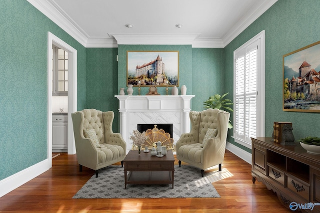 sitting room featuring ornamental molding, wood-type flooring, and a fireplace