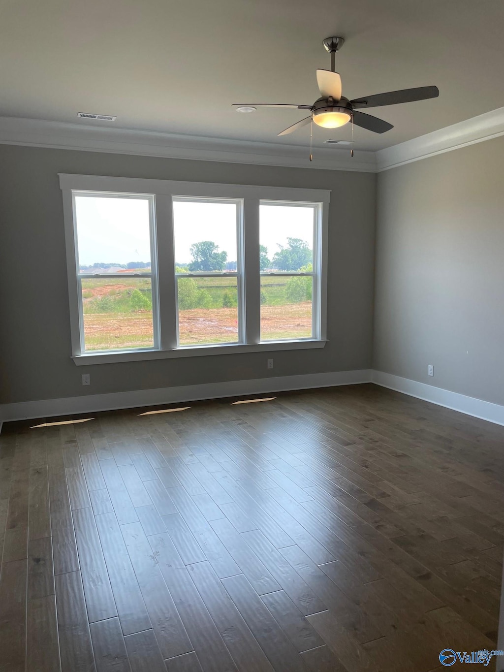 unfurnished room featuring crown molding, ceiling fan, and dark hardwood / wood-style floors