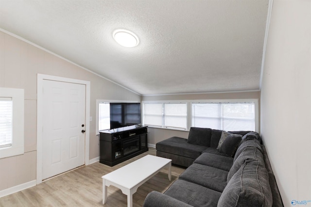 living room with a textured ceiling, light hardwood / wood-style floors, vaulted ceiling, and crown molding