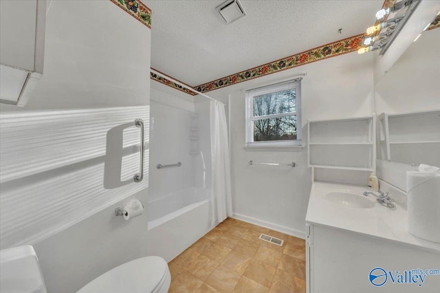 bathroom featuring visible vents, toilet, a textured ceiling, shower / bath combination with curtain, and vanity