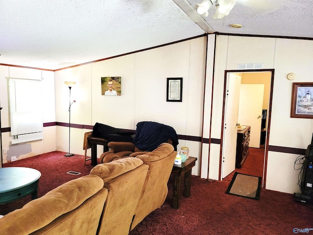 living room with lofted ceiling, ornamental molding, a textured ceiling, and carpet flooring