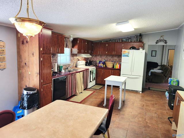 kitchen with hanging light fixtures, white appliances, decorative backsplash, and a textured ceiling