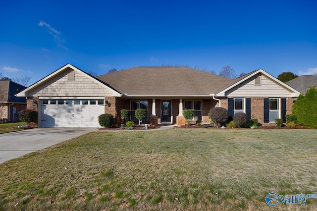 ranch-style house featuring a garage and a front yard