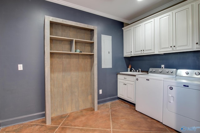 clothes washing area featuring sink, crown molding, cabinets, separate washer and dryer, and electric panel