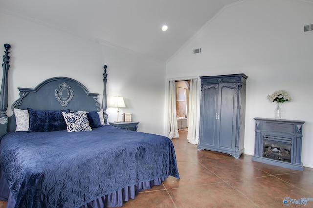 bedroom featuring high vaulted ceiling