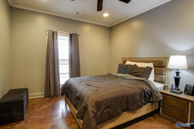 bedroom with crown molding and ceiling fan