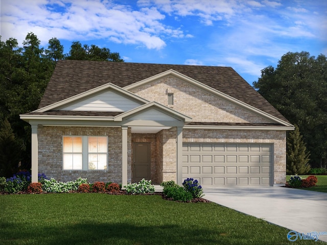 view of front of house featuring an attached garage, driveway, a front lawn, and roof with shingles