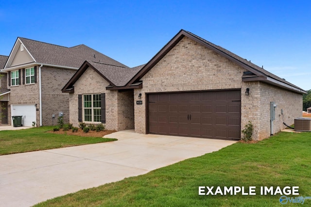 view of front facade with a front lawn, central AC unit, concrete driveway, brick siding, and an attached garage