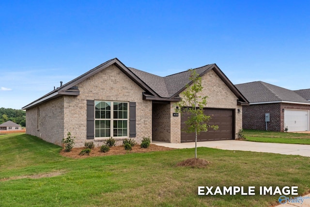 single story home with a front lawn, concrete driveway, brick siding, an attached garage, and a shingled roof