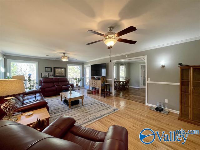 living room featuring crown molding, ceiling fan, plenty of natural light, and baseboards