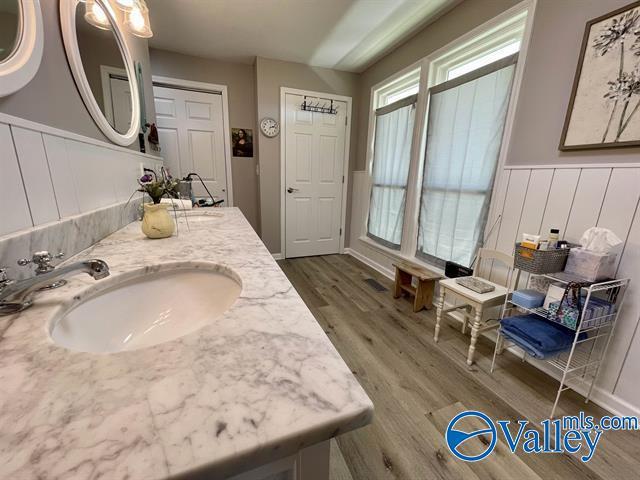 bathroom featuring wood finished floors, double vanity, a sink, and a wainscoted wall