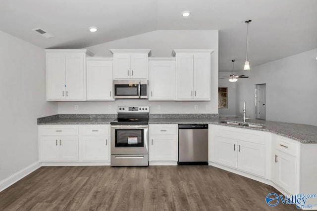 kitchen featuring kitchen peninsula, appliances with stainless steel finishes, vaulted ceiling, ceiling fan, and sink