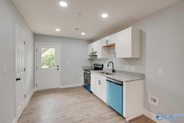 3913 Pine Ave SW, Huntsville, AL 35805 - kitchen with stainless steel range with electric cooktop, light stone countertops, a sink, dishwasher, and under cabinet range hood