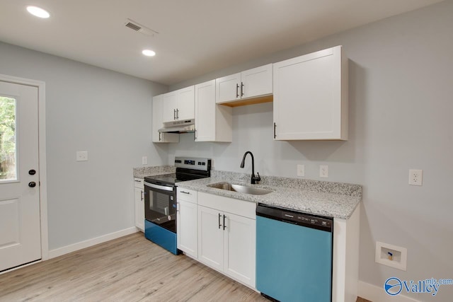 3913 Pine Ave SW, Huntsville, AL 35805 - kitchen with visible vents, stainless steel range with electric cooktop, a sink, dishwashing machine, and under cabinet range hood