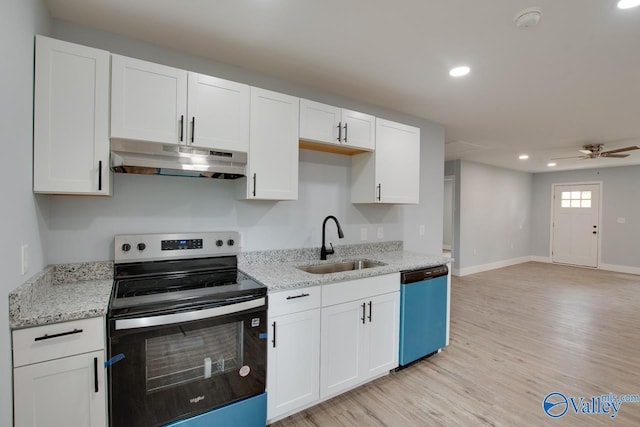 3913 Pine Ave SW, Huntsville, AL 35805 - kitchen with electric range, a sink, dishwasher, white cabinetry, and under cabinet range hood