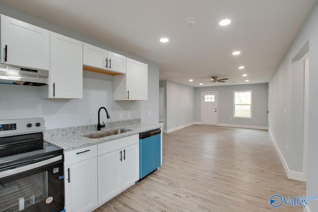 3913 Pine Ave SW, Huntsville, AL 35805 - kitchen featuring stainless steel electric range, dishwasher, a sink, light wood finished floors, and under cabinet range hood