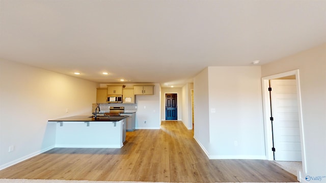 kitchen featuring light hardwood / wood-style flooring, sink, kitchen peninsula, backsplash, and appliances with stainless steel finishes